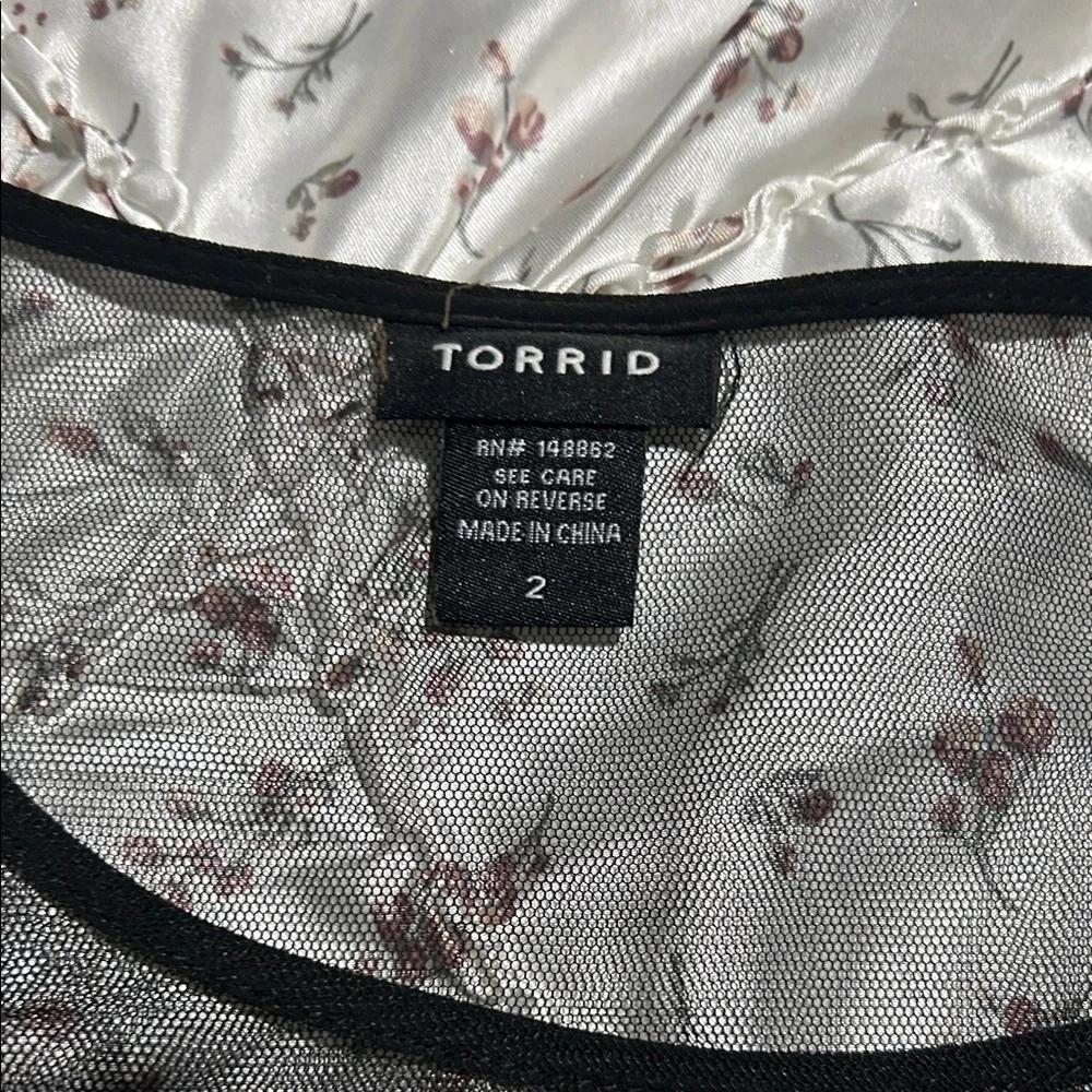 Torrid Black Sheer Mesh Top with Pink Floral Embroidery - Picture 2 of 3